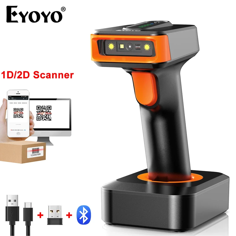 Eyoyo 2D Bluetooth QR Code Screen Reader With Base 3-in-1 Wireless Barcode Scanner 2500mAh Battery With Power Level Indicator