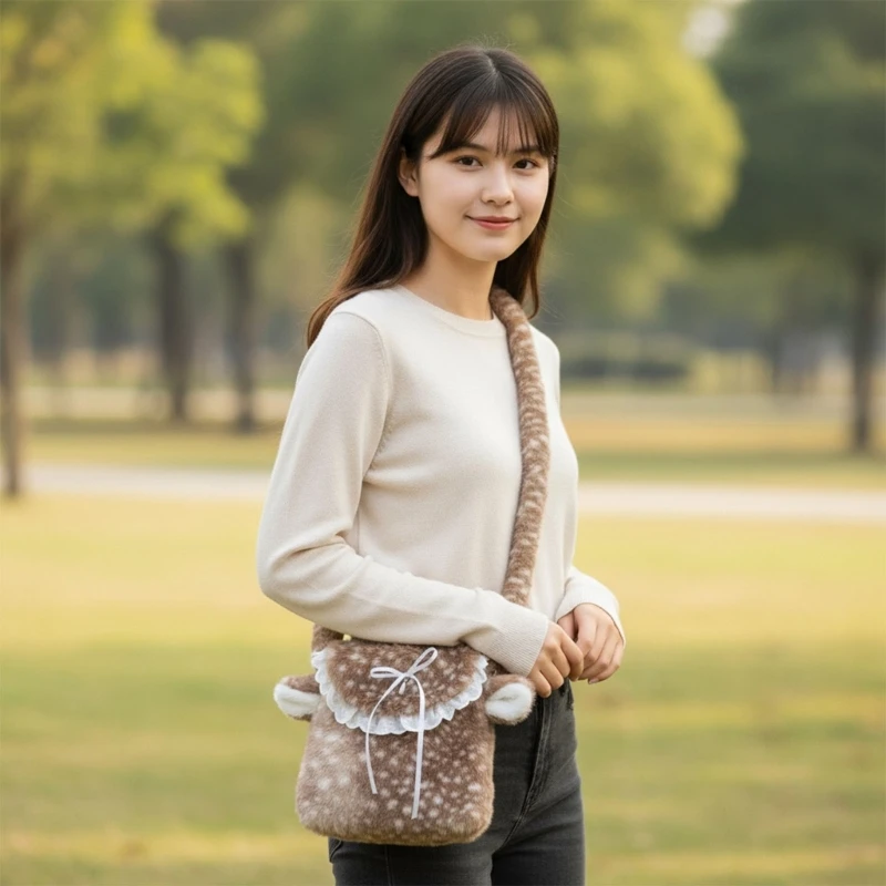 

H3CB Lovely Cartoon Deer Shaped Crossbody Bag Women Casual Soft Furry Plush Shoulder Bag Phone Pouches for Girls Daily Wear