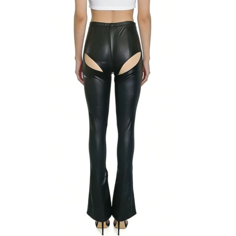 Women's Sexy High Waist PU Leather Flare Pants Bodycon Hollow-out Stretch Leggings Patent Latex Custom Trousers