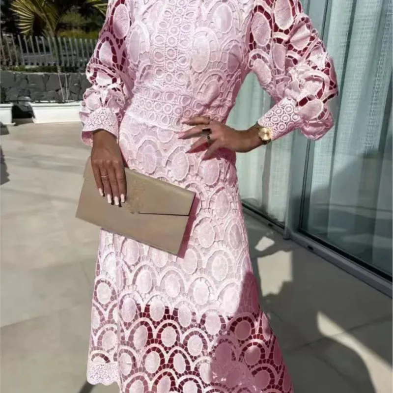 Lace Puff Sleeve Long Dress Women 2025 Spring Elegant New Fashionable Stand Collar High Waist Slim Dresses