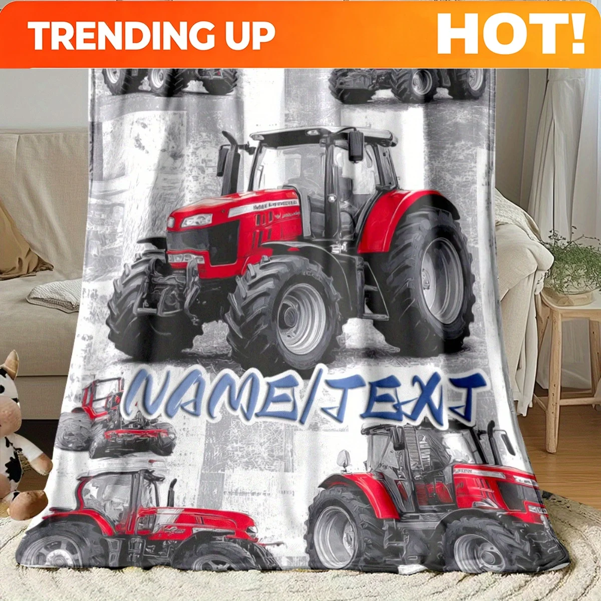 Customize 1pc Personalized Farm-Themed Blanket - Custom Name/Text, Red Tractors on Gray Background - Soft Lightweight Flannel Th