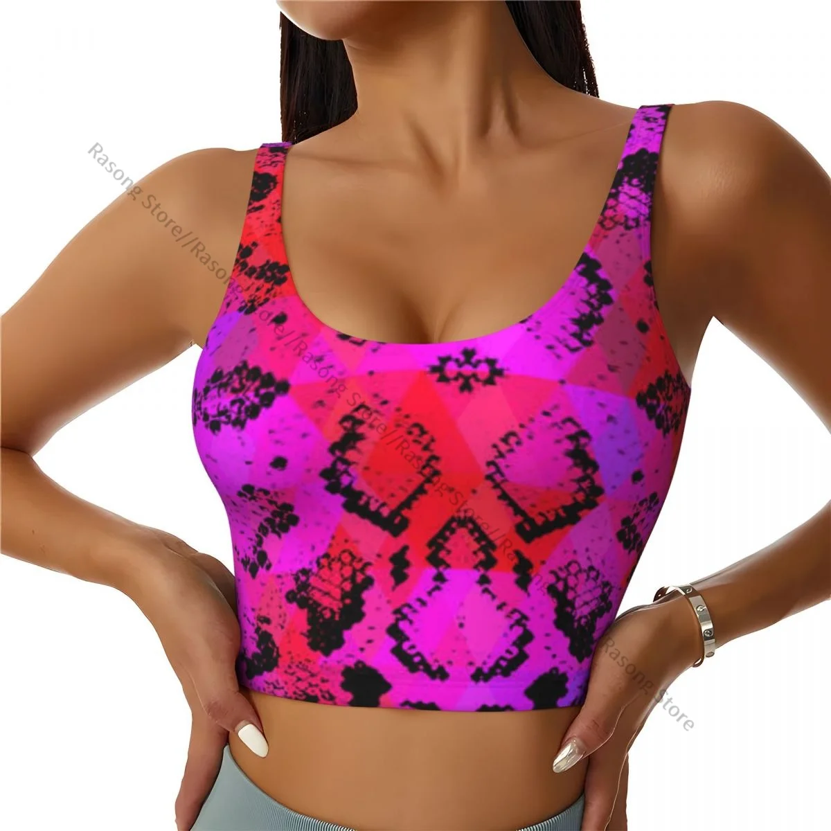 Yoga Vest Women Gym Sports Crop Tops Snake Skin Texture With Rhombus Geometric Streetwear Workout Breathable Tank Top Female