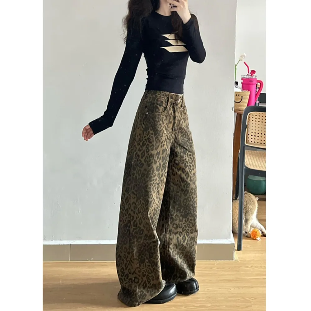Y2K Sweet Cool Brown Leopard Print Wide Leg Jeans Women 2026 Summer New High Waist Loose Draped Straight Floor Pants Streetwear