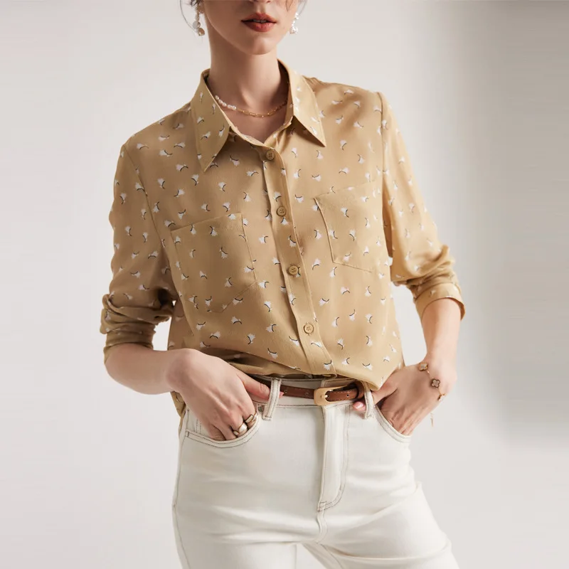 Sand-washed Print Silk Shirt for Women Long Sleeve Office Lady Shirts Lapel 100% Mulberry Silk Blouse Korean Fashion Female Tops