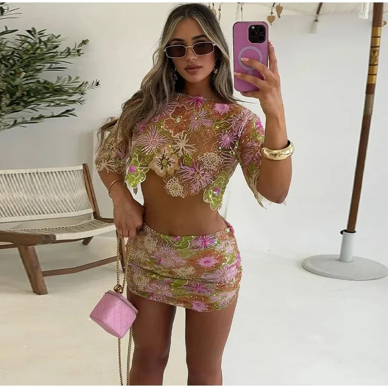 

2025 Summer Party Suit Sexy Embroidery Sequined Mini Skirt Sets 2 Pieces Women O-neck Short Sleeve Crop Tops See Through Skirts