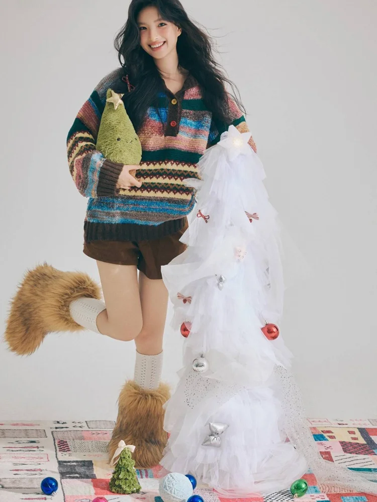 

Lazy Style Christmas Theme Studio Photo Sweater Personal Artistic Portrait Clothing Autumn Winter New Arrival Stage Costume