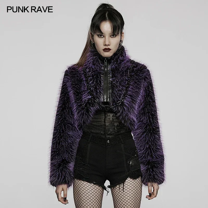 PUNK RAVE Punk Daily Faux Wool Coat Loose Fox Fur Short Jackets Plastic Bright Chain Asymmetrical Coats Party Club Halloween