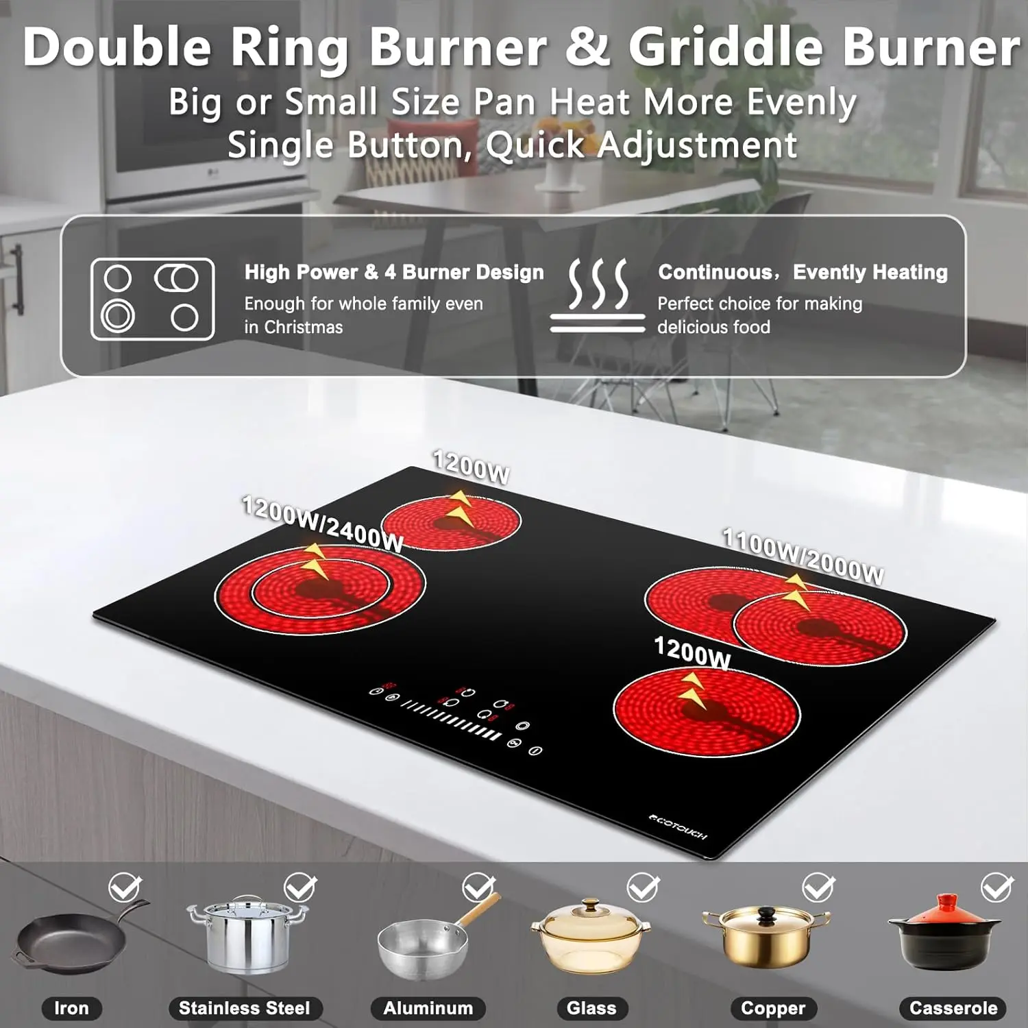 Electric Cooktop 30 inch Built-in Electric Cooktop 4 Burner Stove Top Radiant Electric Cooktop Stovetop with Kid Safety Lock