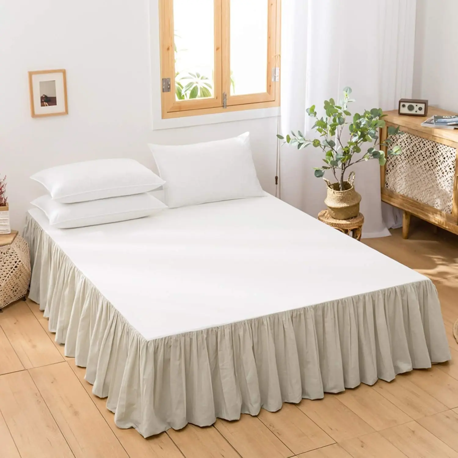 

French Linen Bed Skirt with Pleated Frills 14-Inch Drop Natural Flax Cotton Blend Dust Ruffle Soft Cozy Farmhouse Bedding (14" Twin, Linen)