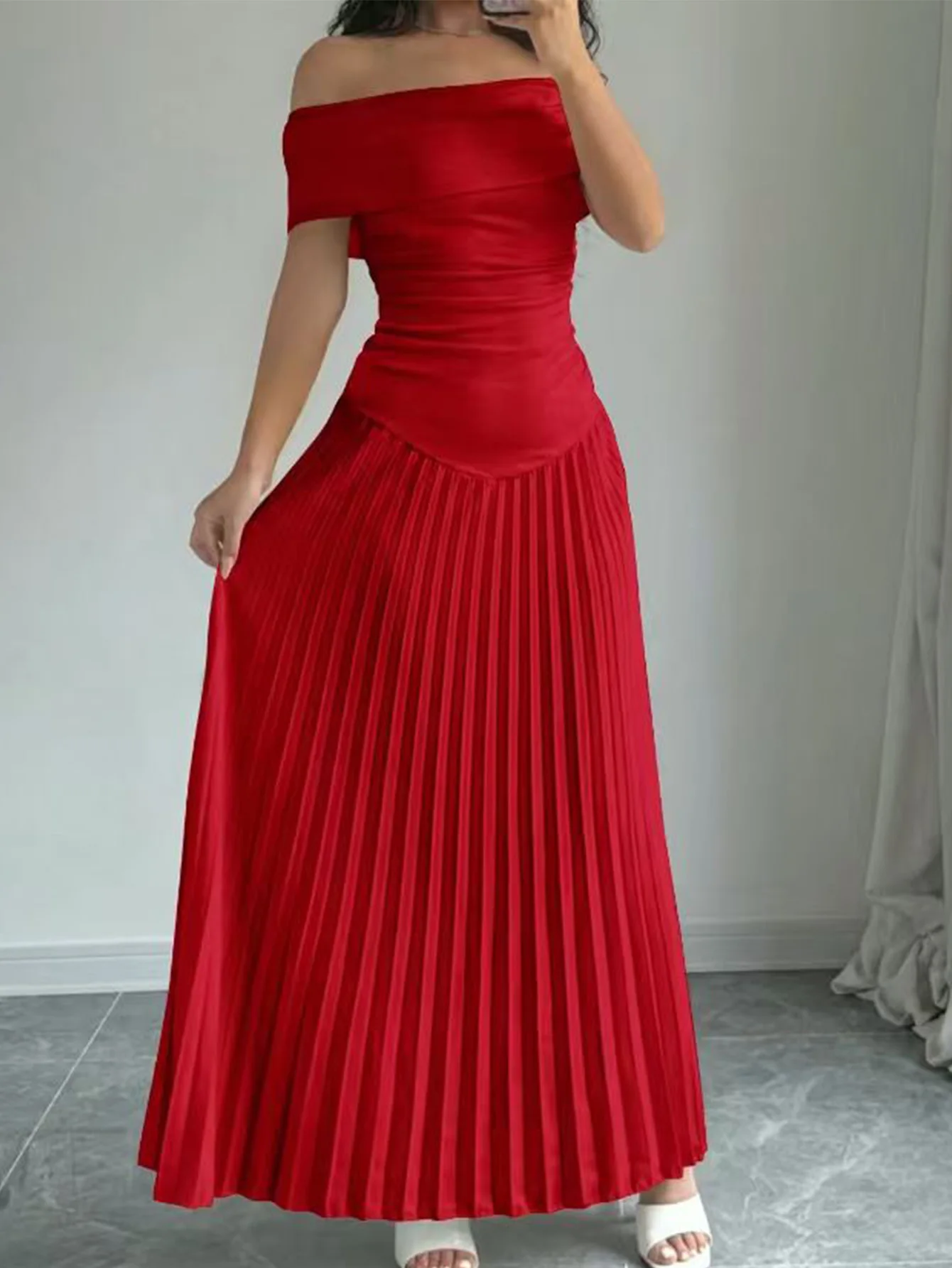 Women Solid One Shoulder Dress, Elegant Off Shoulder Ruffle Hem Pleated Long Dress, Slim Fit Fashion