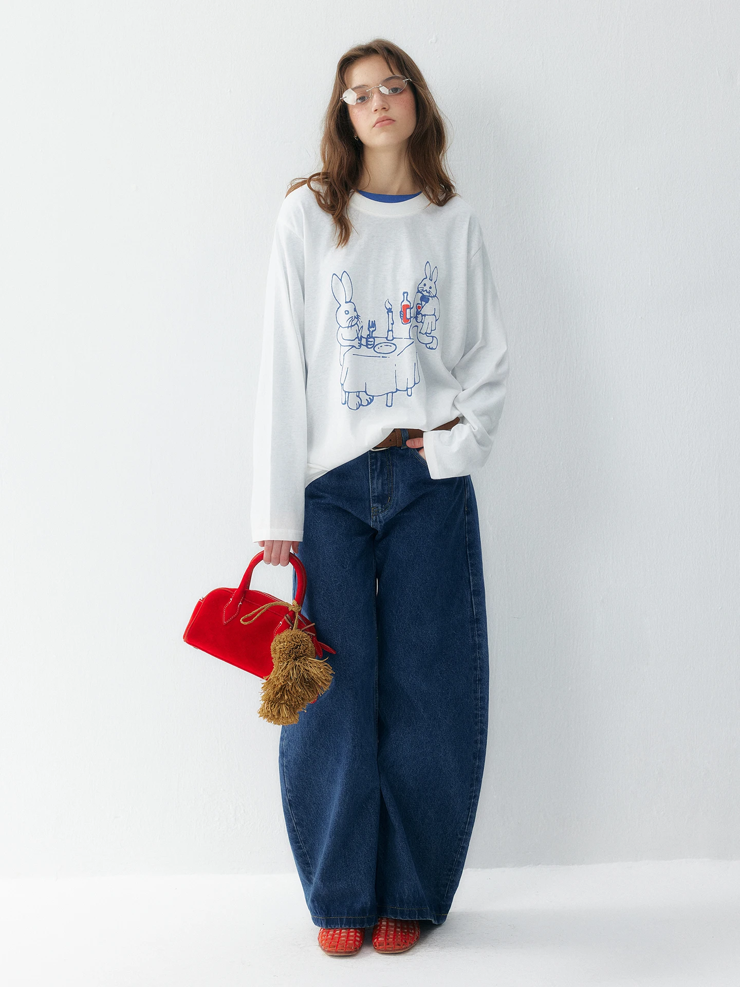 Hand-Painted Rabbit Print Loose Long Sleeve T-Shirt Women's Spring Summer Cotton Comfortable Breathable Casual round Neck Top