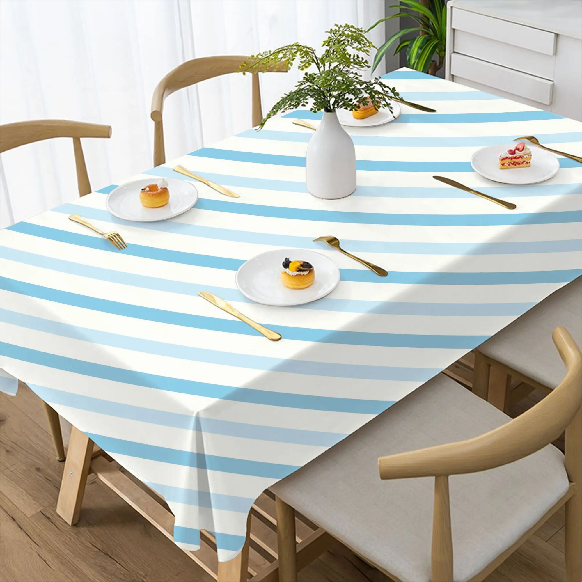 VIKAMA Blue Chevron & Stripe Tablecloth, 6 Designs, Waterproof Polyester Table Cover for Dining