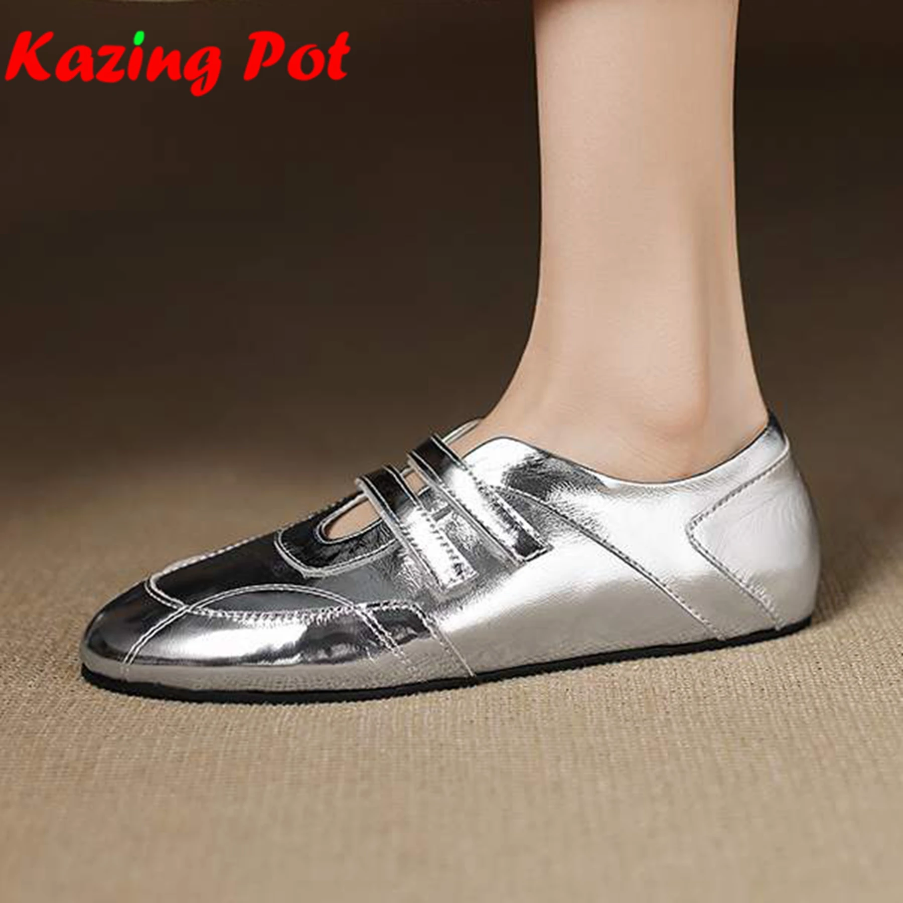 

Krazing Pot из коровьей кожи гладиатора с круглым носком, женские туфли на плоской подошве с летней уличной одеждой, неглубокие кроссовки серебристого цвета, повседневные кроссовки на плоской подошве для отдыха