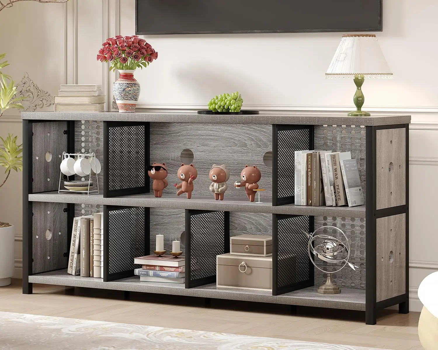 Industrial Cube Bookcase, Horizontal Bookshelf, Light Grey Oak 63 In | 4 5 6 7 8 Wood Metal Bookshelves, Modern, Customized