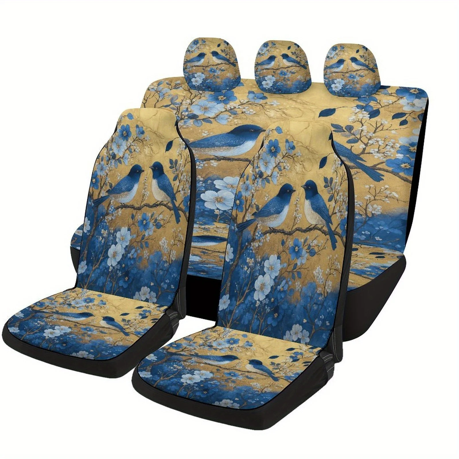 Set Of Car Seat Covers Featuring For Blue Bird Blossoms, Suitable For Various Vehicles. Stylish And Unique, These Full Set Cover