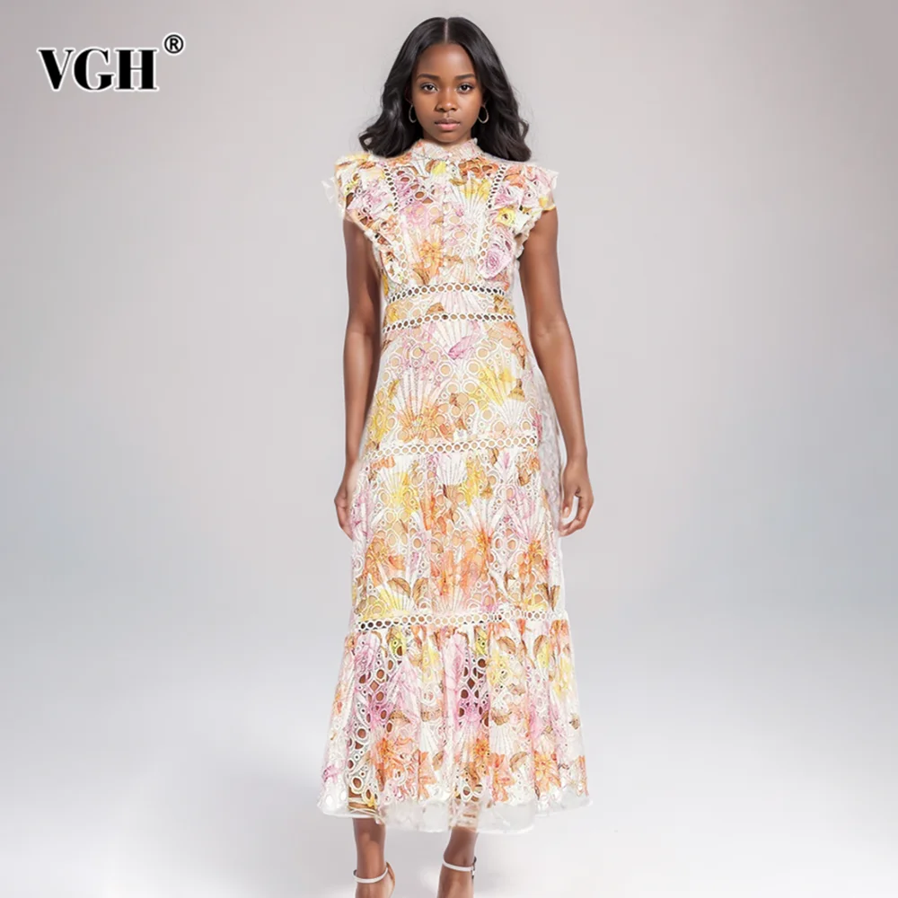 VGH, vestidos adelgazantes con estampado de Color para mujer, cuello alto, manga voladora, cintura alta, elegante vestido de moda femenina