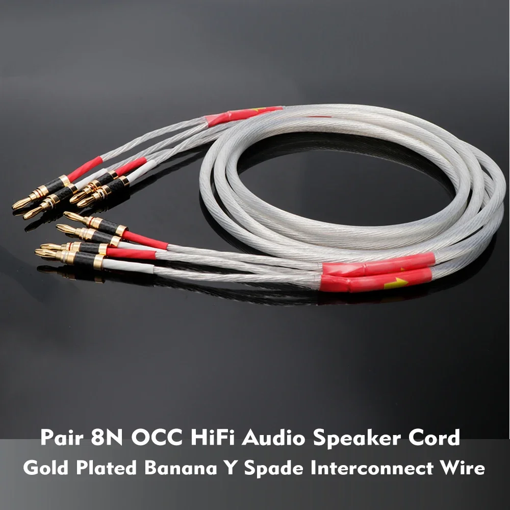 Premium 8N OCC HiFi Audio Speaker Cable - Gold Plated Banana/Spade Connectors & Silver-Plated Wiring | Dual Interconnect Wire Se