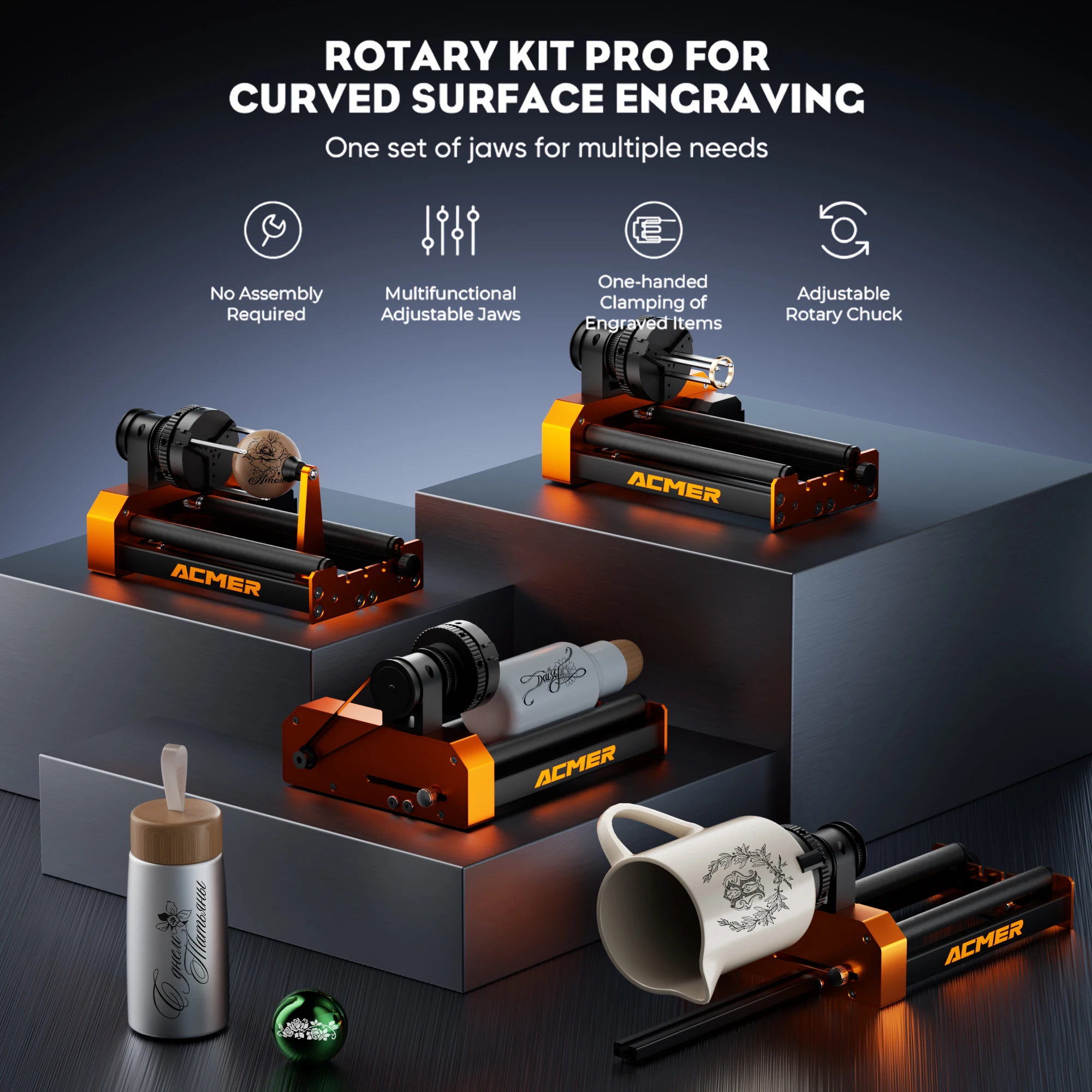 ACMER M4 Chuck Module Rotating Module 360° Rotating 4-in-1 Rotary Engraving for Cylindrical Cans Bottles Sphere Rings Objects