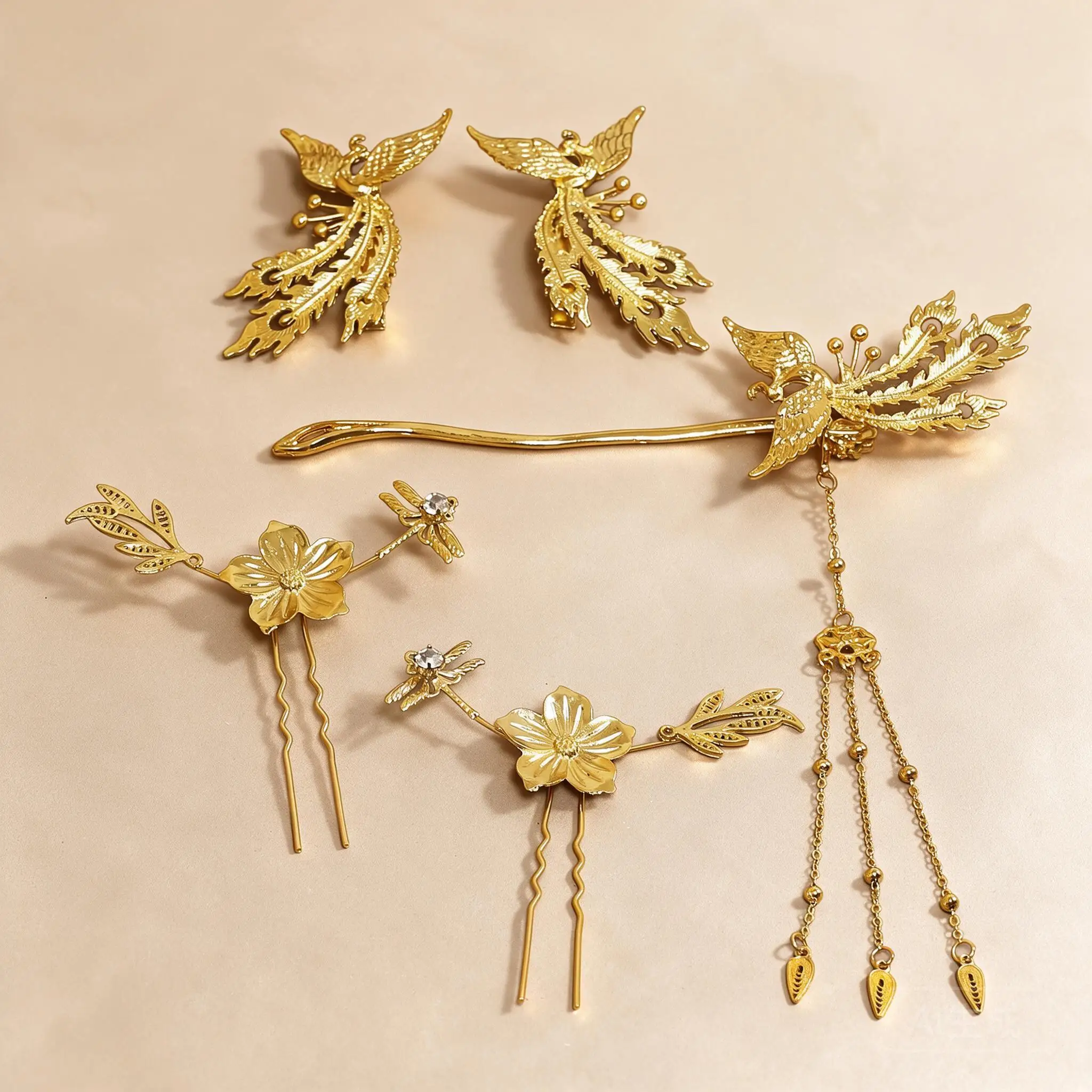 Golden Chinese Bridal Hair Accessories Set Phoenix Floral Hairpins Tassel Hair Stick For Wedding Xiuhe Dress Dragon Gown Hanfu