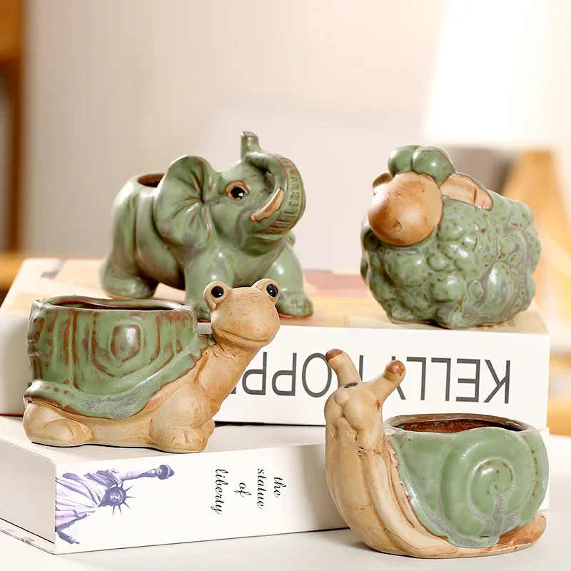 Retro Kiln Turned Succulent Flowerpot,Cute Cartoon Turtle Animal Ceramic Flowerpot,Handicraft Ornaments,Home Decor,Holiday Gifts