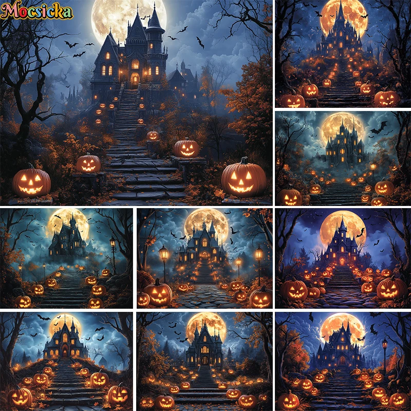 

Mocsicka Photography Background Halloween Horror Castle Forest Pumpkin Kids Birthday Family Portrait Decor Backdrop Photo Studio