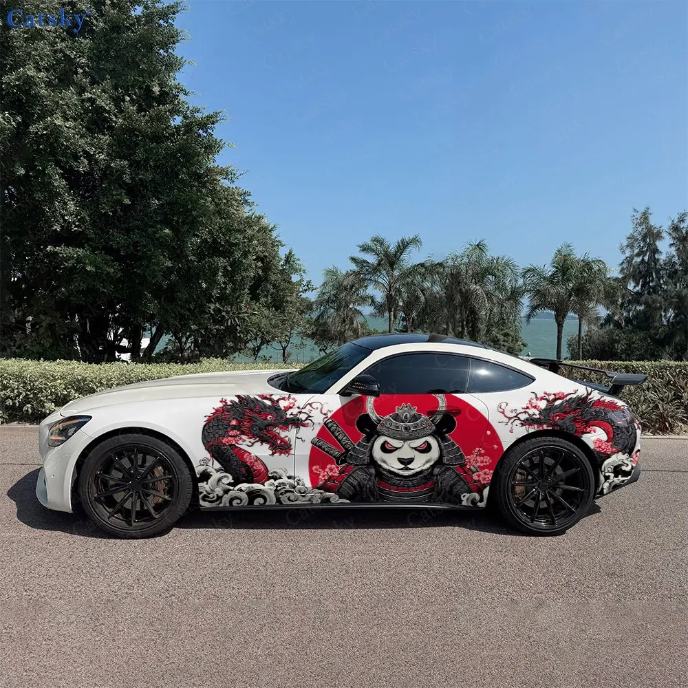 Red Circle Armored Panda Car Side Wraps, Self-Adhesive PVC Waterproof & Scratch-Resistant Stickers, Car Accessory Gift
