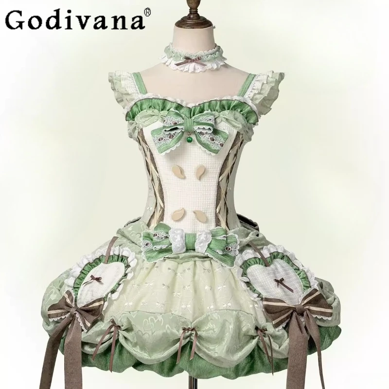 

Lolita JSK Cute Short Dress for Women Japanese Style Green Puff Fairy Short Sweet Dress Female Summer Princess Lolita Dress