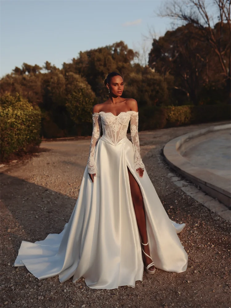 Customized Off Shoulder Neckline Long Sleeves Satin Wedding Dress Lace-up Back Floor Length High Slit Sweep Train Gown For Bride