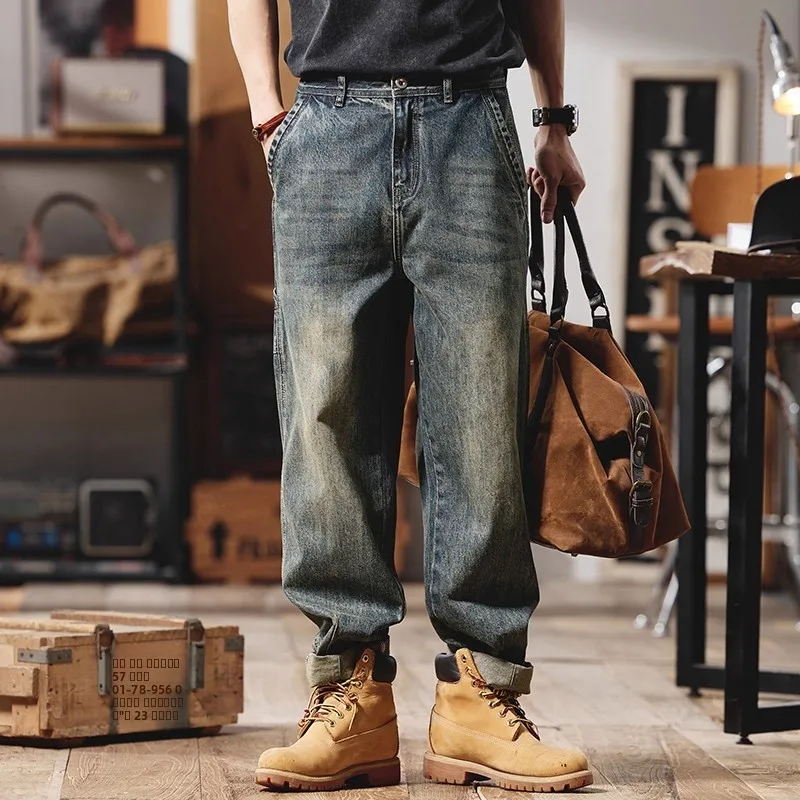 

Retro American Denim Jeans Men's Spring Autumn Loose Straight Casual Washed Workwear Long Trousers mid Waist Zipper Closure