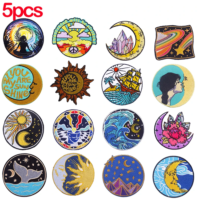 5 Stück/Los Sun & Moon Series Stickerei-Aufnäher zum Aufbügeln für Kleidung, thermoadhäsive Aufnäher für Kleidungsdekoration