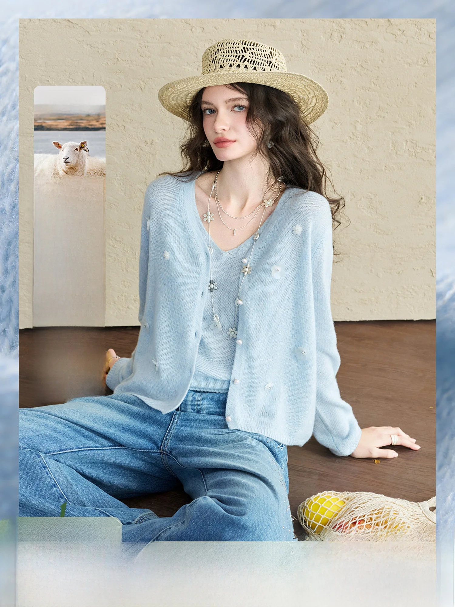 

Vivian Floral Knitted Sweater Soft Wool Rayon Blend Blue Spring Open Cardigan Casual Loose Fit Women's Fashion Top