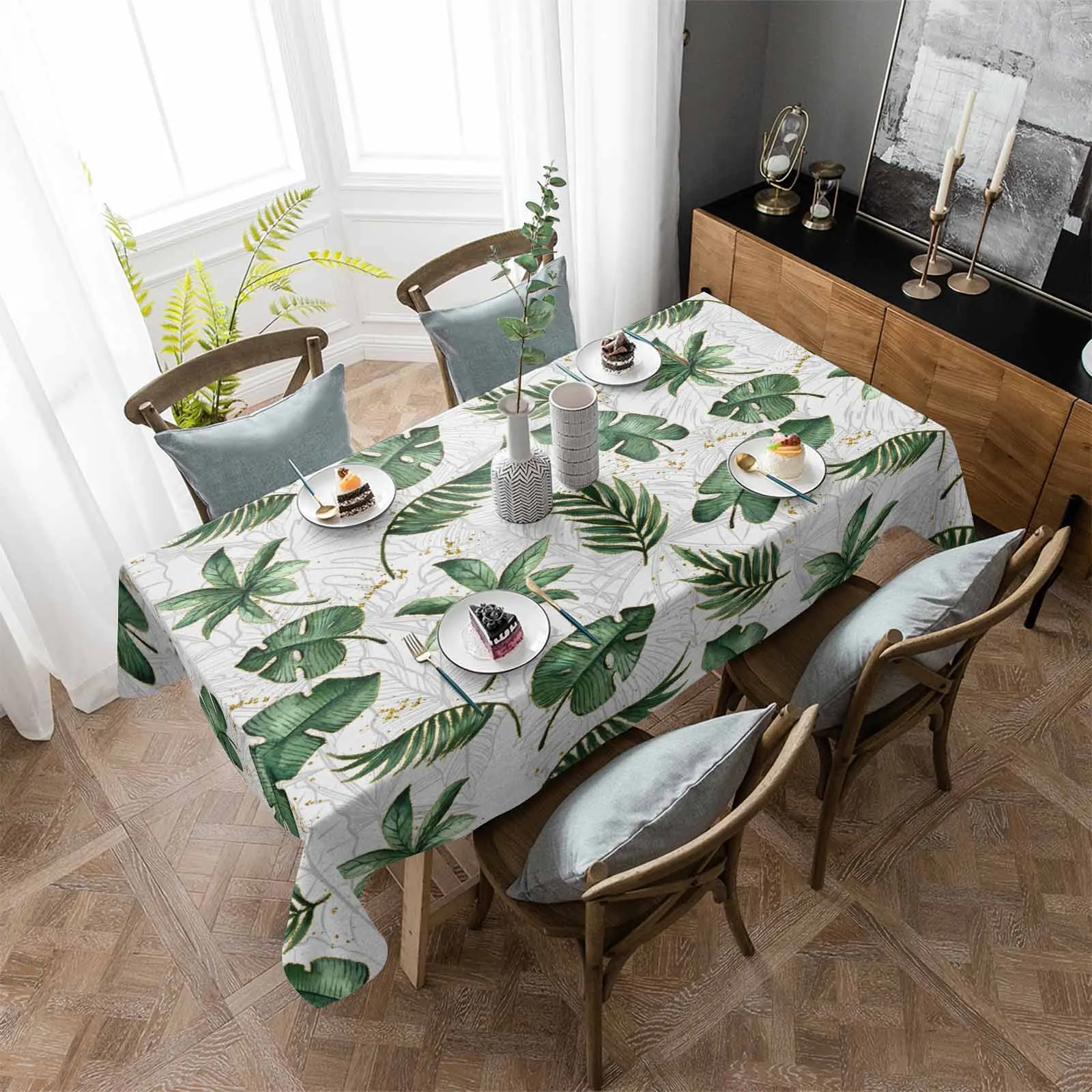 Watercolor Tropical Plant Turtle Back Palm Leaves Table Cloth Washable Tablecloth for Wedding Banquet Decor Luxuriou Table Cover