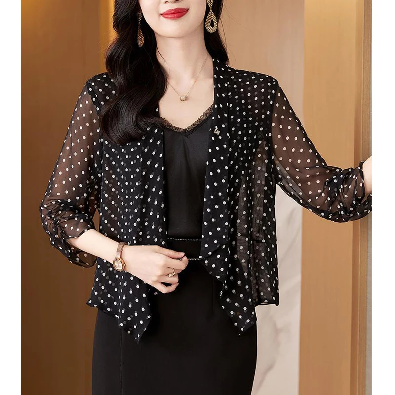 Women Clothing Fashion Polka Dot Print Elegant Thin Sunscreen Shirt Summer 3/4 Sleeve Loose See Through Blouse Casual Loose Tops