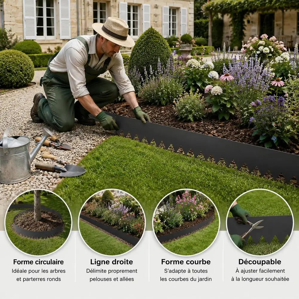 Bordure de jardin décorative 10 unités, dimensions 103 x 30 cm, en acier noir résistant, séparateur flexible pour délimiter les massifs, allées, espaces verts et jardins extérieurs
