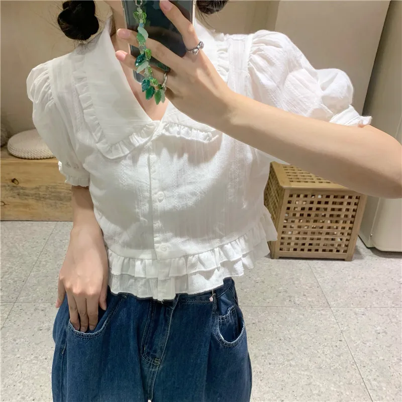 

Camisas De Mujer Sweet White Blouses for Women Peter Pan Collar Puff Sleeve Ruffles Crop Tops Ruffles Tunic Summer Shirt Blouse