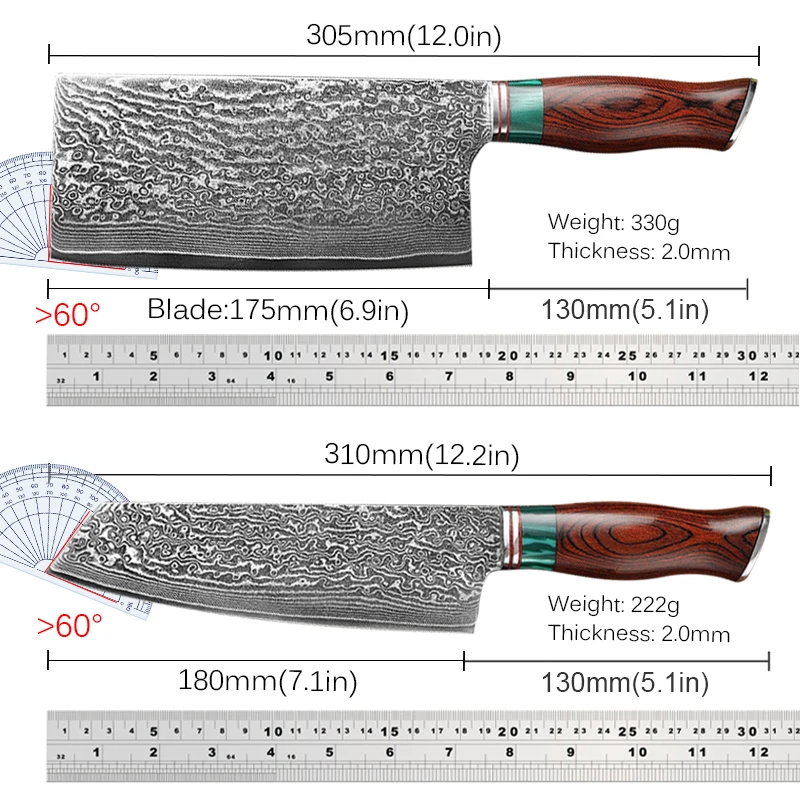 Damascus Steel Chef Knife Kitchen Slicing Meat Cleaver Knife for Vegetable Fruit Chopping Butcher Bone Cutting Sharp Knives