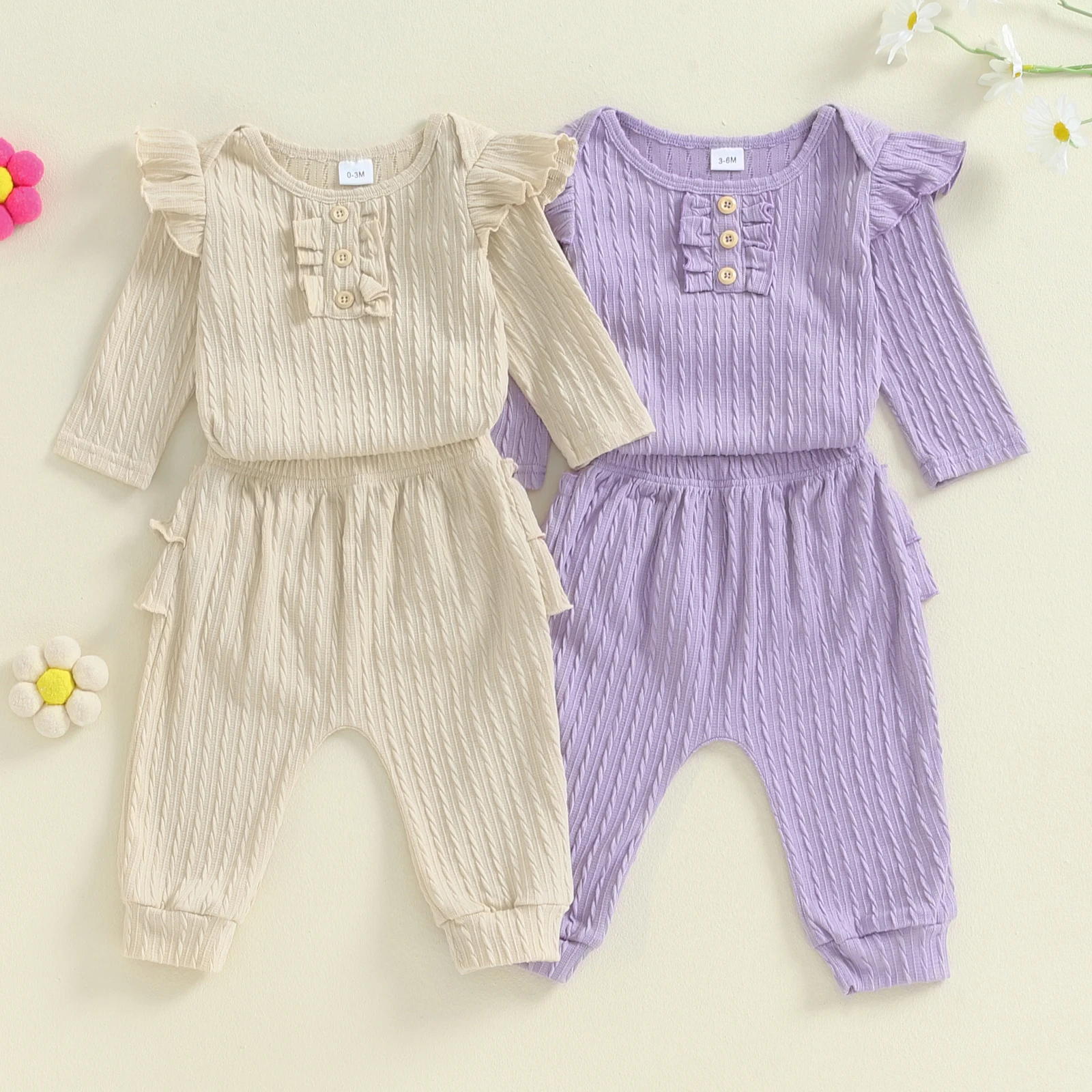 

New Baby Girls 2 piece Outfit Long Sleeve Crew Neck Ruffles Romper with Pants Spring Fall Girls Sweety Clothes Set