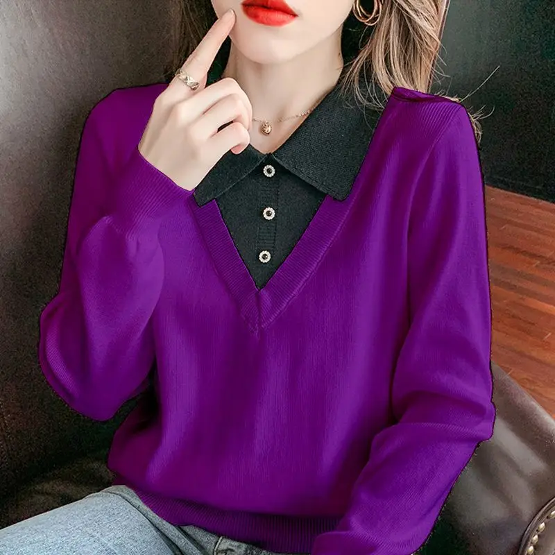 Long Sleeved Sweater Loose and Slimming Color Matching Fake Two-piece Knit Sweater Autumn and Winter New Base Coat Top Women