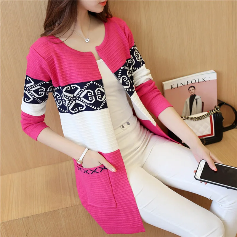 Autumn Long Sweater Fashion Wool Spring Cardigan Knitting Sweater Cardigan Pink Black Red Print Winter Slim Women 7479