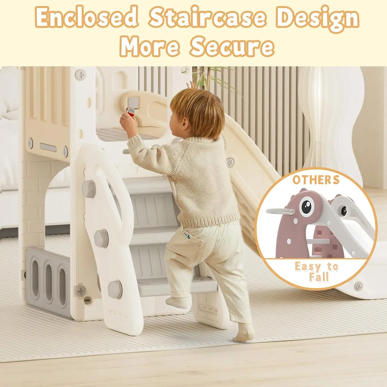 Tobogán para niños pequeños 5 en 1, tobogán escalador para niños con aro de baloncesto y pelota, juego para interiores y exteriores para niños de 1 a 3 años (Beige + café