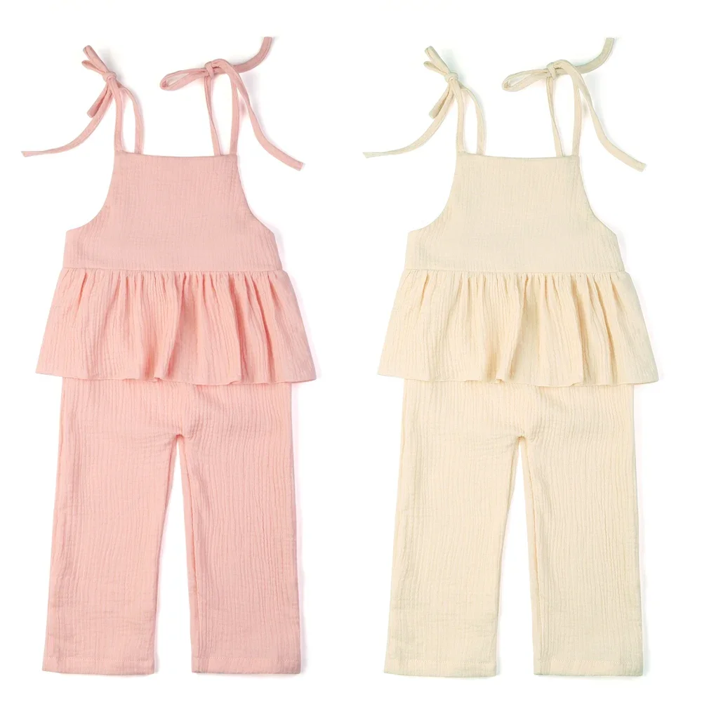 Ruffkids Casual 100% Cotton Ruffle Girls Romper Loungewear Summer Loose Playsuit Sleeveless Strap Beachwear Kids Jumpsuits