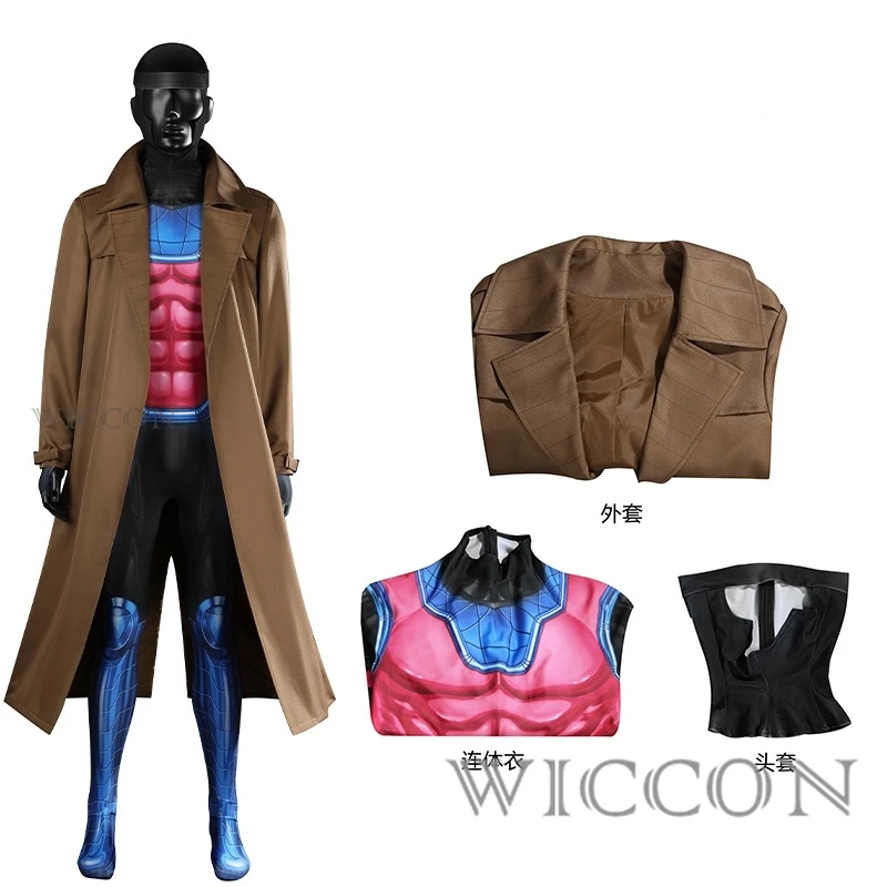 X-man-Disfraz de Cosplay de cuero para hombre, traje de batalla, gabardina larga, chaleco, pantalones, conjunto de superhéroe, trajes de Carnaval de Halloween, Remy