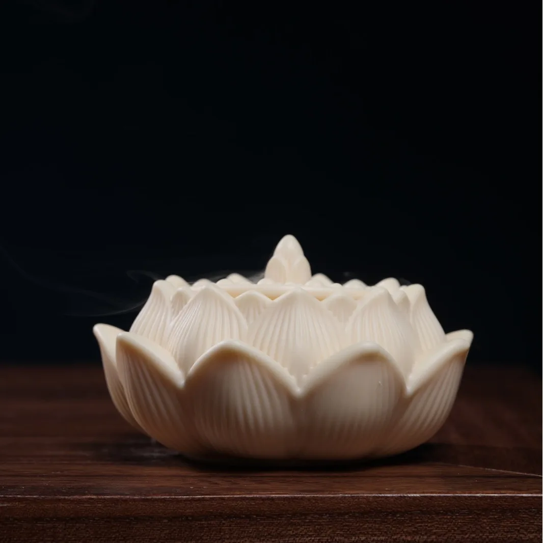 Natural Tagua Nut Carved Lotus Flower Incense Burner Zen Censer Ornament For Living Room Study Desktop Collectible Craft Gift