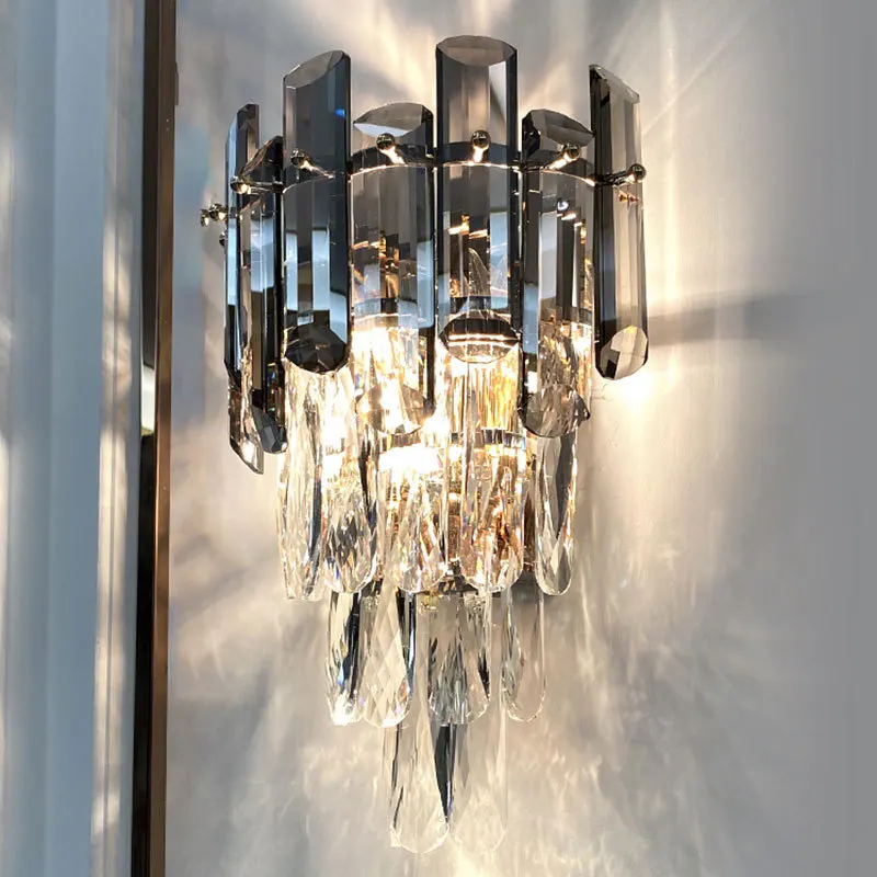 Modern Luxury Crystal Wall Lamp Interior Smoky Gray Decor Atmosphere Light Wall Lights For Parlor Bedroom Aisle Loft Stair Lamp