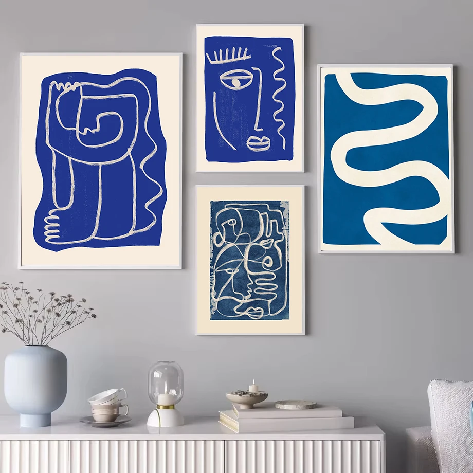 1pc frameless Canvas Painting Abstract Blue Face Shapes Line Art Figure Poster Canvas Painting Print Scandinavian Simple Wall fo