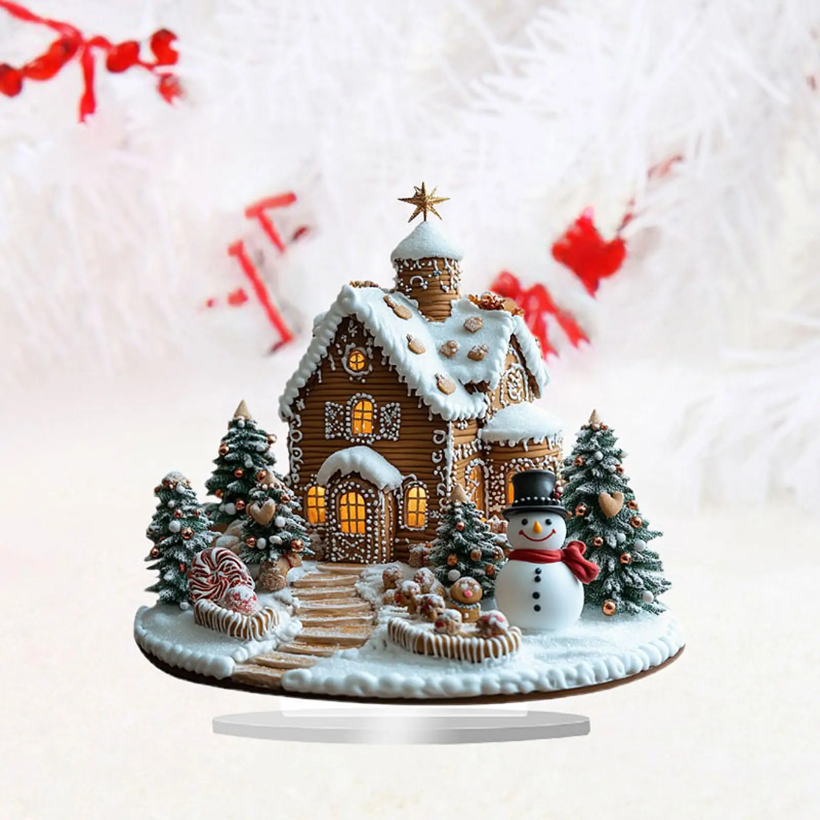 คริสต์มาส Gingerbread House โต๊ะเครื่องประดับอะคริลิค Xmas Village Figurine