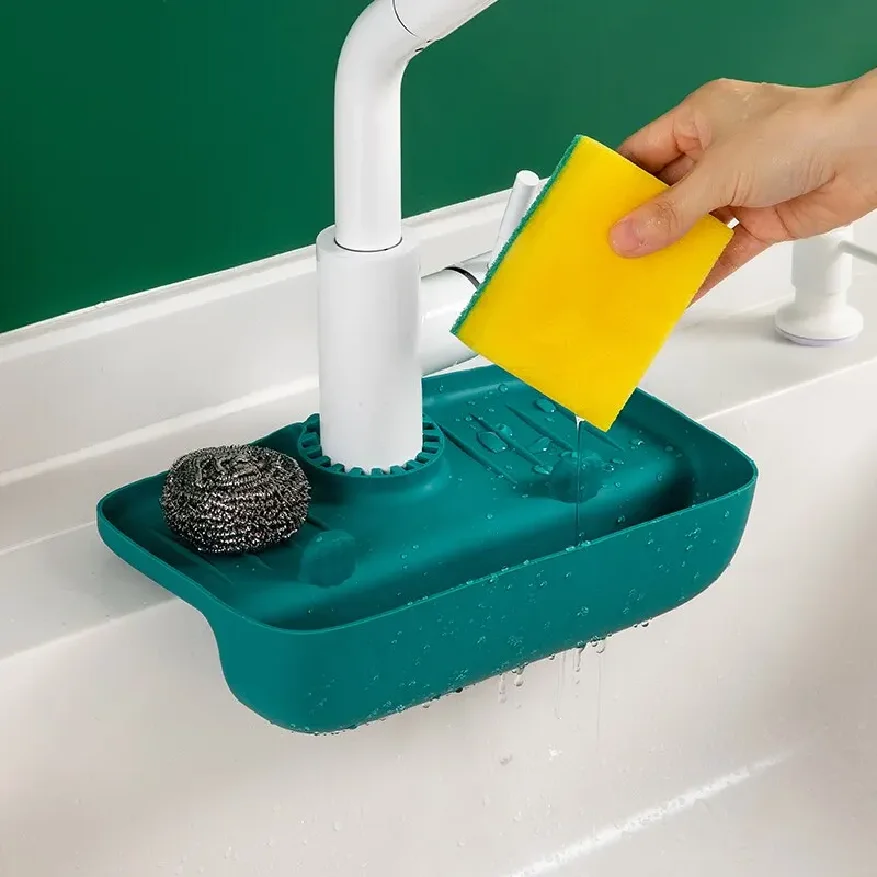 

Household Silicone Sink Drain Rack Faucet Splash Proof Drain Rack Water Collecting Pad Sponge Rag Steel Wool Gadget Storage Box