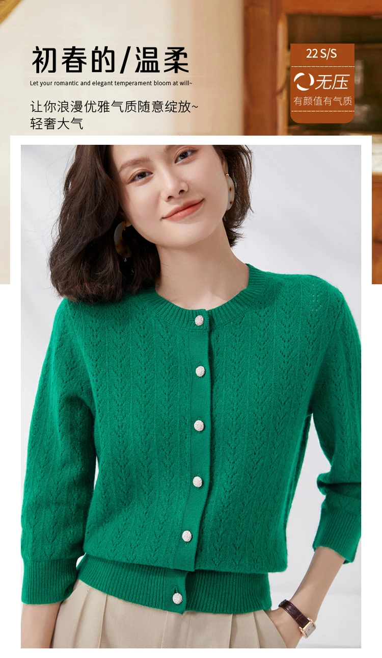 

New Merino Wool Sweater Women's Hollowing Out Pattern Round Neck Three Quarter Cardigan Knitting Cashmere korean Top Clothes