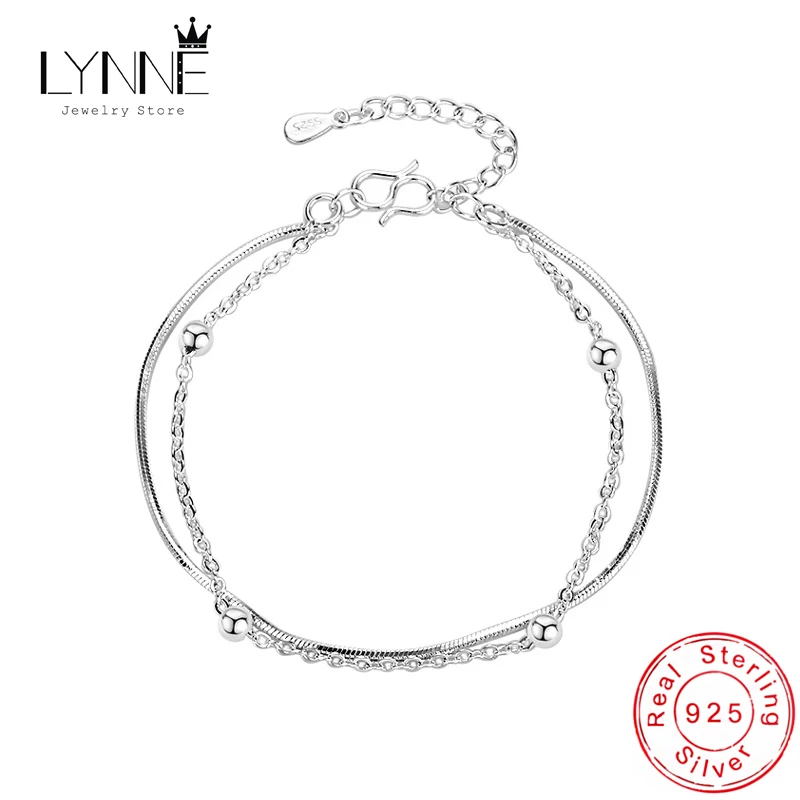 Fashion 925 Sterling Silver Simple Small Bead Snake Chain Double Layer Bracelets Women&Girl Jewelry Sexy Multilayers Hand Chain