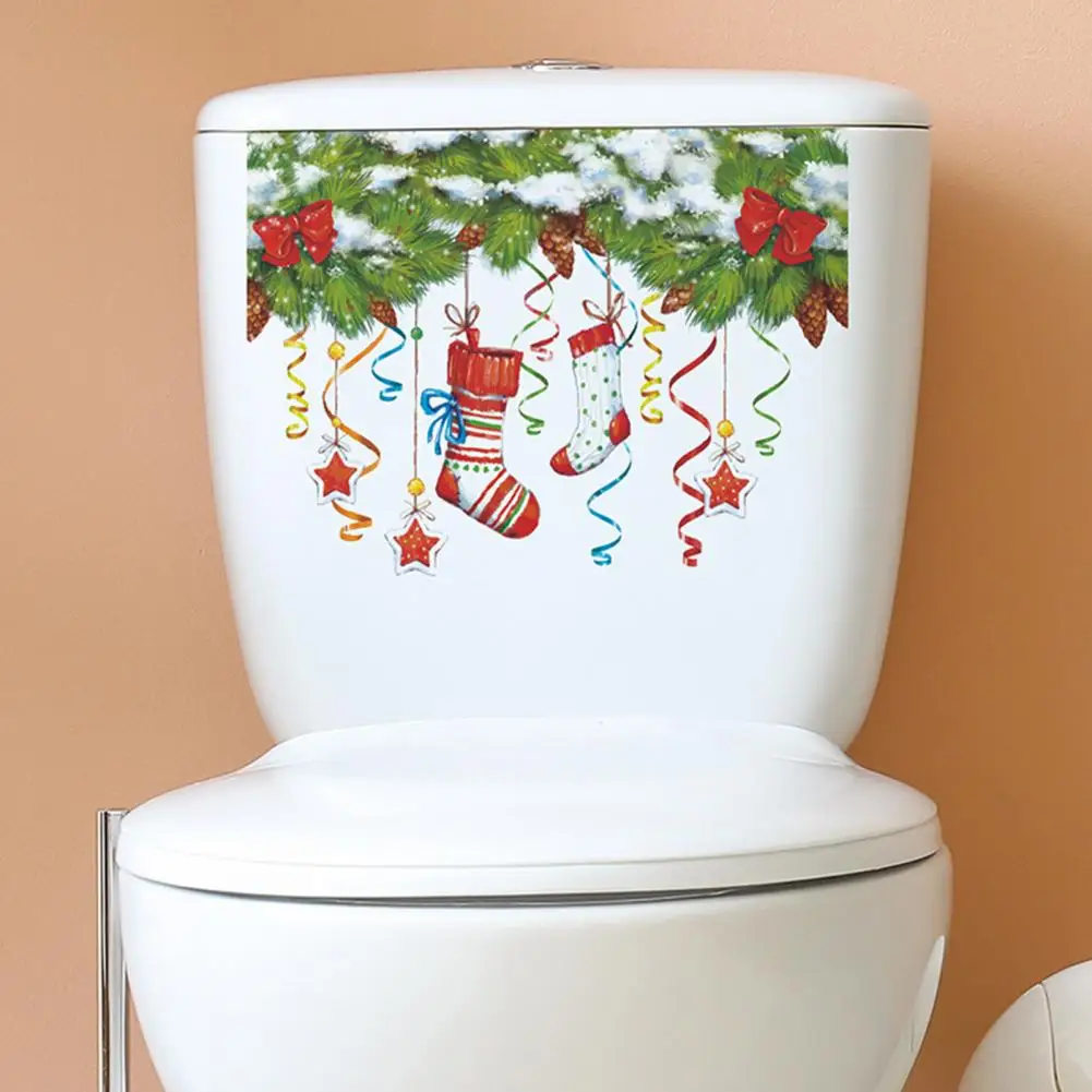 Toilet Decals with No Residue Vibrant Color Toilet Decals Festive Christmas Toilet Stickers Green Leaves Pinecone for Bathroom